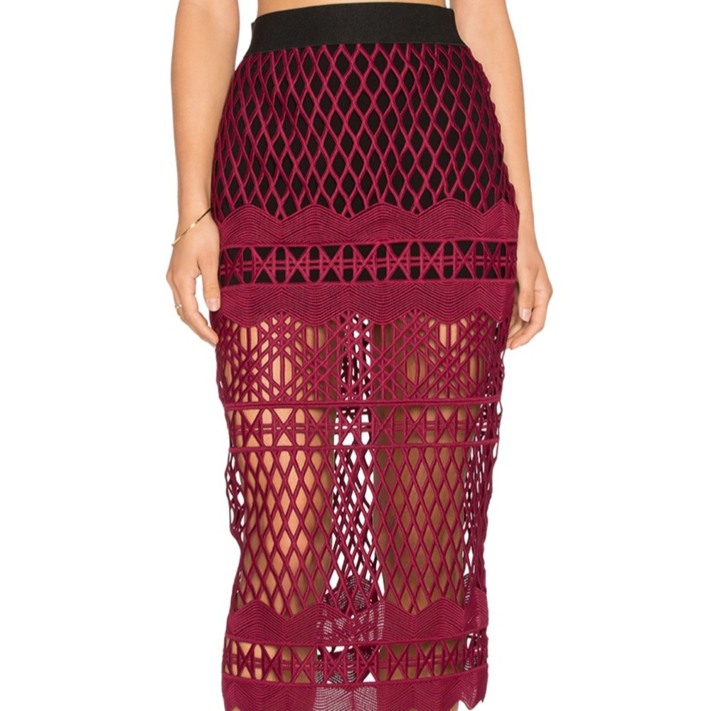 Burgundy & Black Cut Out Lace Pencil Skirt